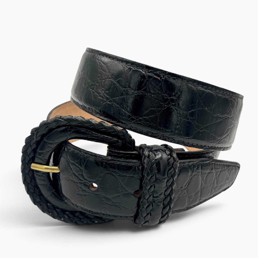 Harken Ltd Black Croc Embossed Leather Belt Braided Buckle Made in USA by Medium